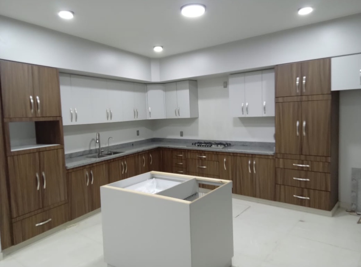 Walnut and white two-tone kitchen cabinetry