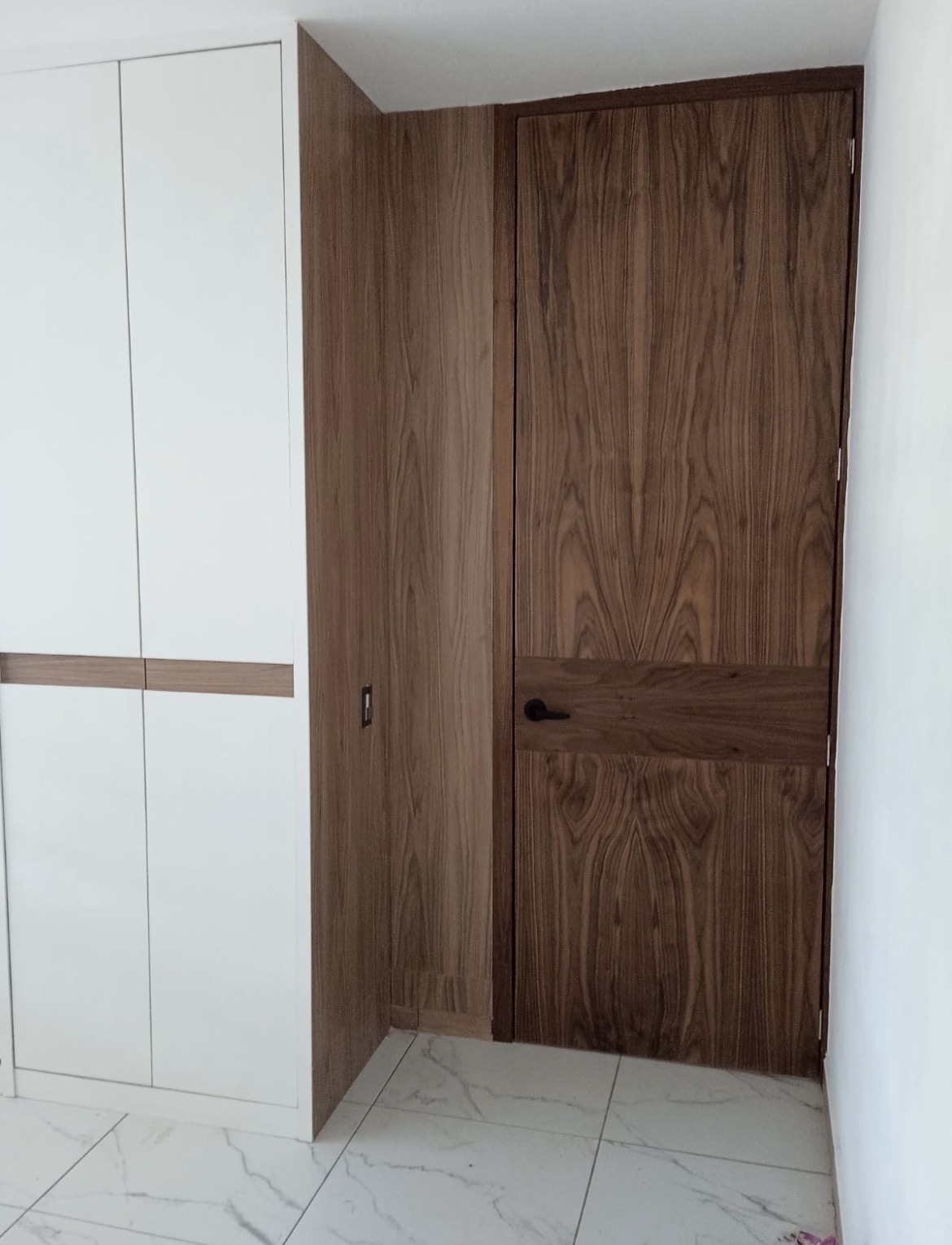 Solid walnut interior door with matching wall panel
